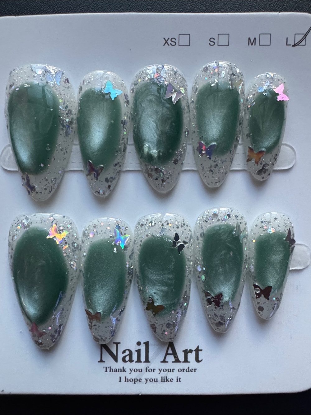 Green Shimmer Butterfly Glitter Press-On Nails